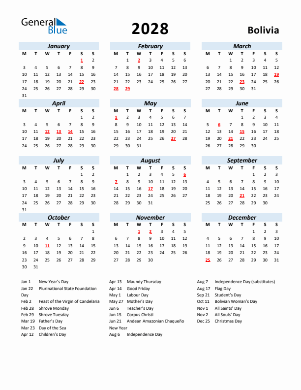 2028 Calendar for Bolivia with Holidays