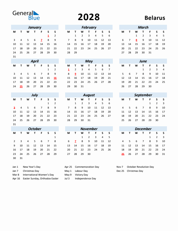 2028 Calendar for Belarus with Holidays