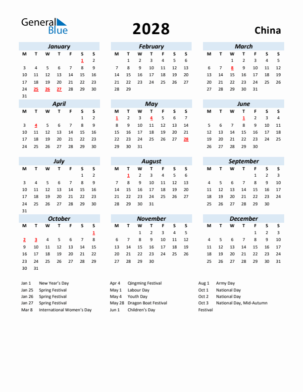 2028 Calendar for China with Holidays