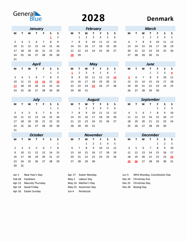 2028 Calendar for Denmark with Holidays