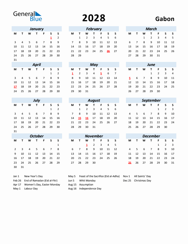 2028 Calendar for Gabon with Holidays