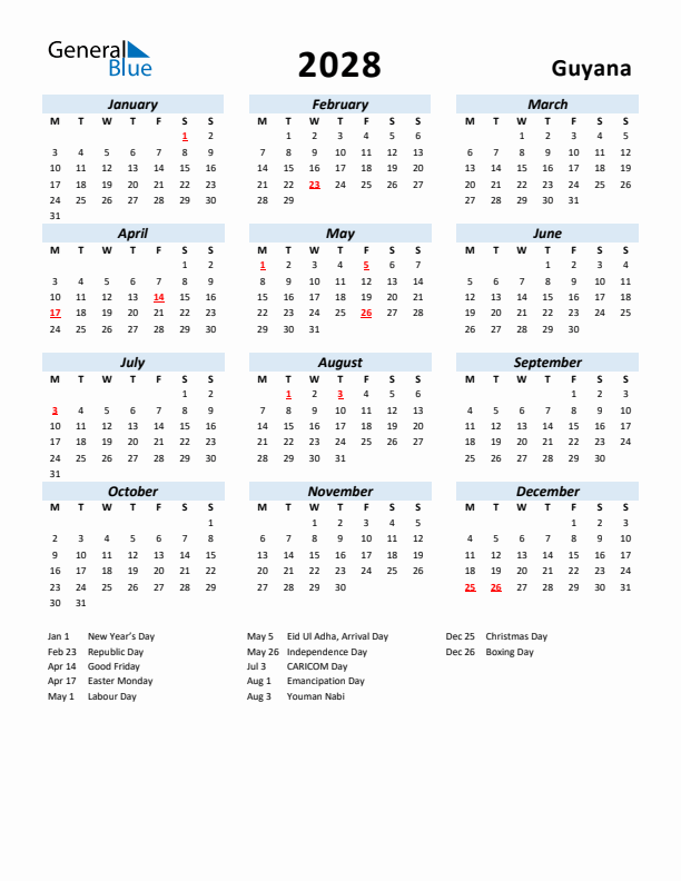 2028 Calendar for Guyana with Holidays