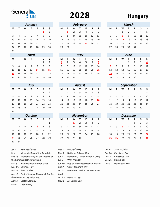 2028 Calendar for Hungary with Holidays