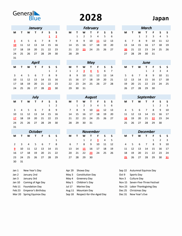 2028 Calendar for Japan with Holidays