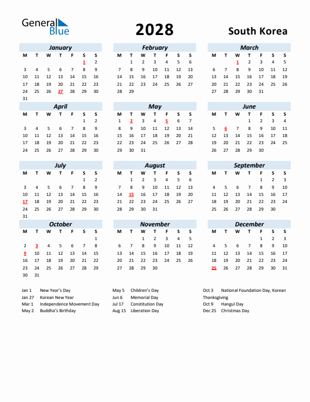 2028 Calendar for South Korea with Holidays