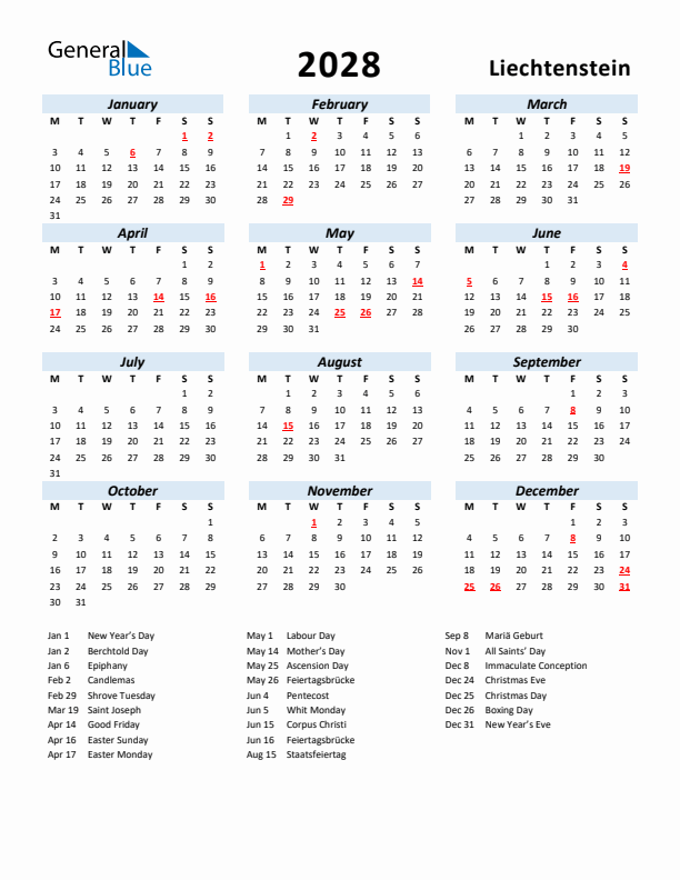 2028 Calendar for Liechtenstein with Holidays