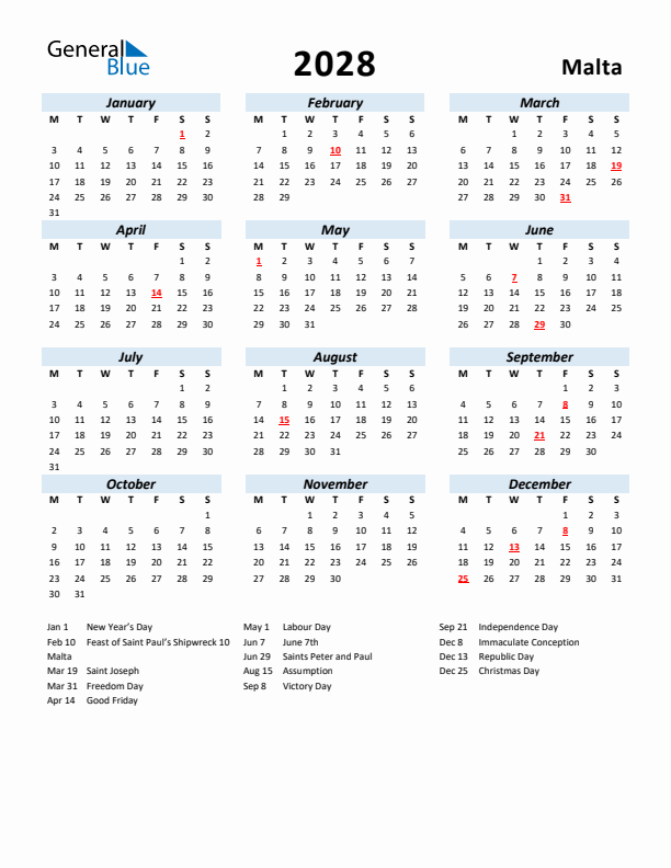 2028 Calendar for Malta with Holidays