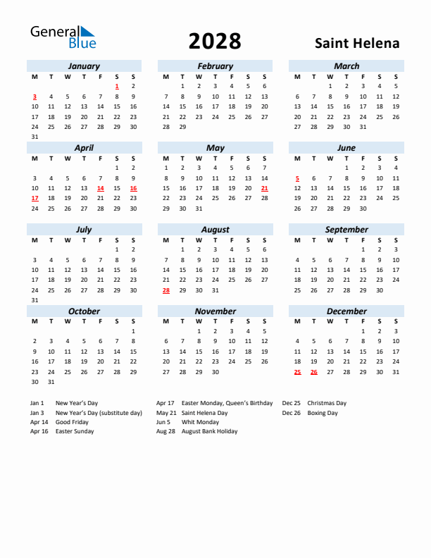 2028 Calendar for Saint Helena with Holidays