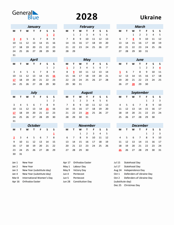 2028 Calendar for Ukraine with Holidays