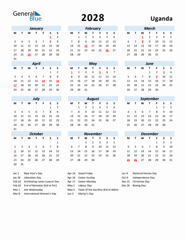 2028 Calendar for Uganda with Holidays