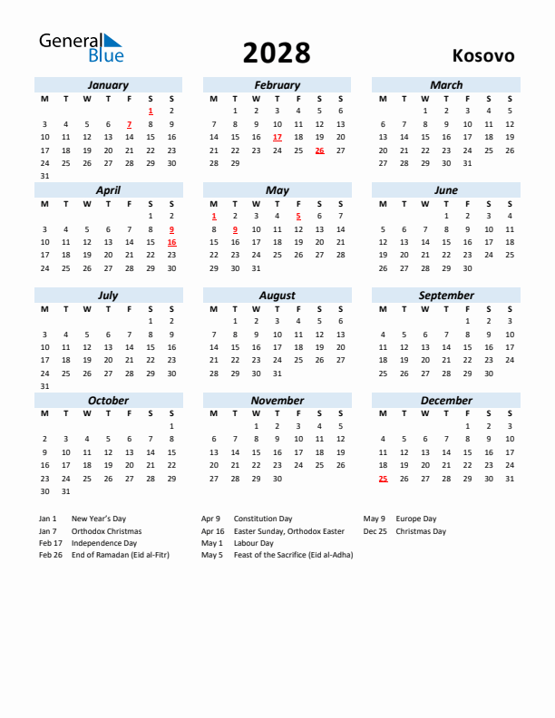 2028 Calendar for Kosovo with Holidays