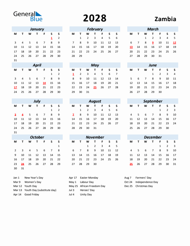 2028 Calendar for Zambia with Holidays