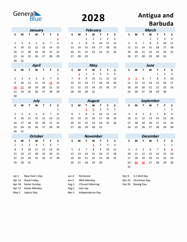 2028 Calendar for Antigua and Barbuda with Holidays