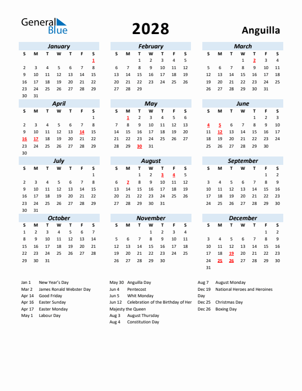 2028 Calendar for Anguilla with Holidays