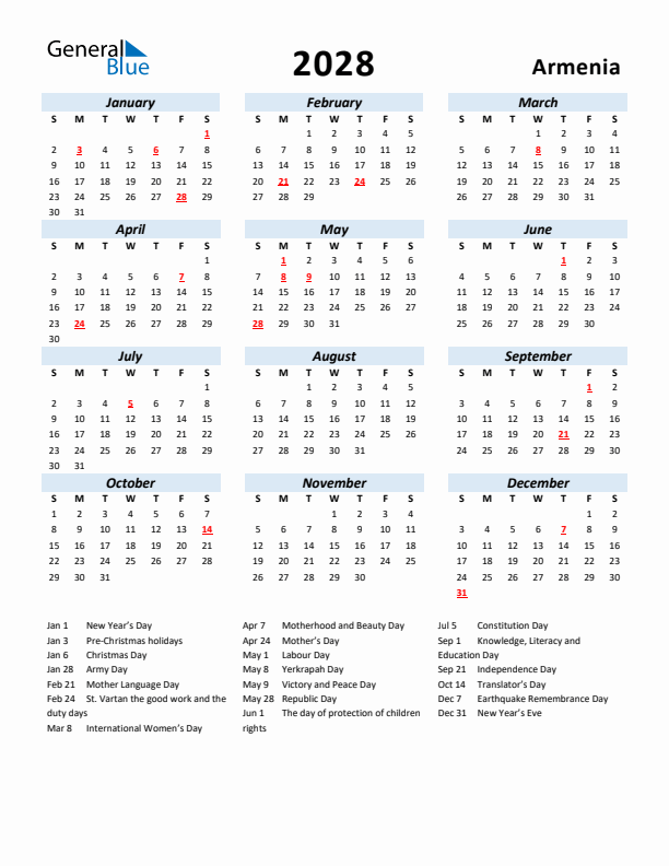 2028 Calendar for Armenia with Holidays