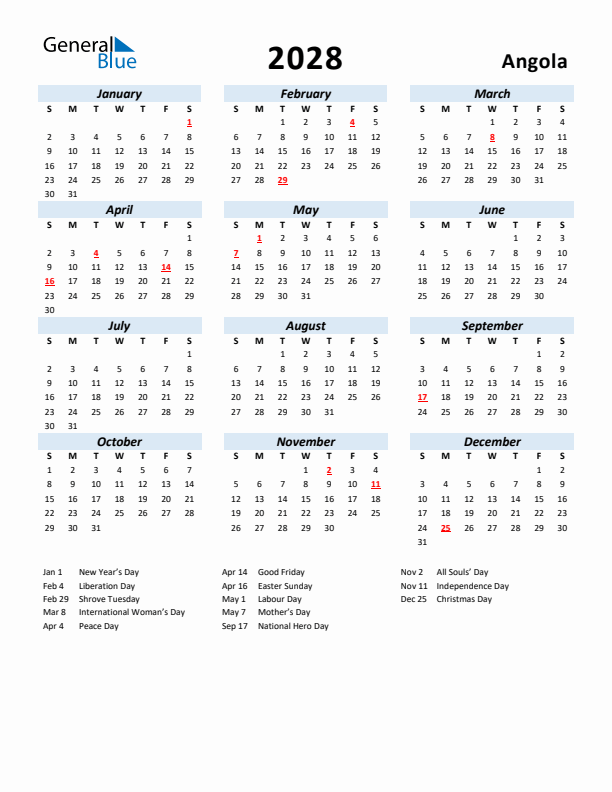 2028 Calendar for Angola with Holidays