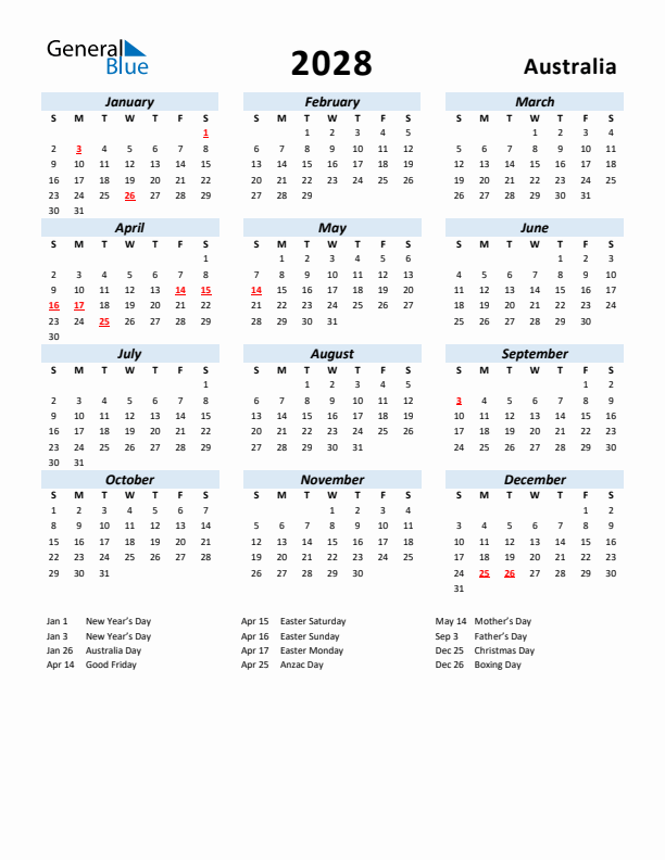 2028 Yearly Calendar Printable With Australia Holidays