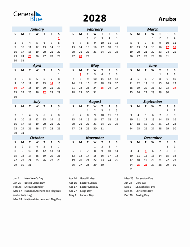 2028 Calendar for Aruba with Holidays