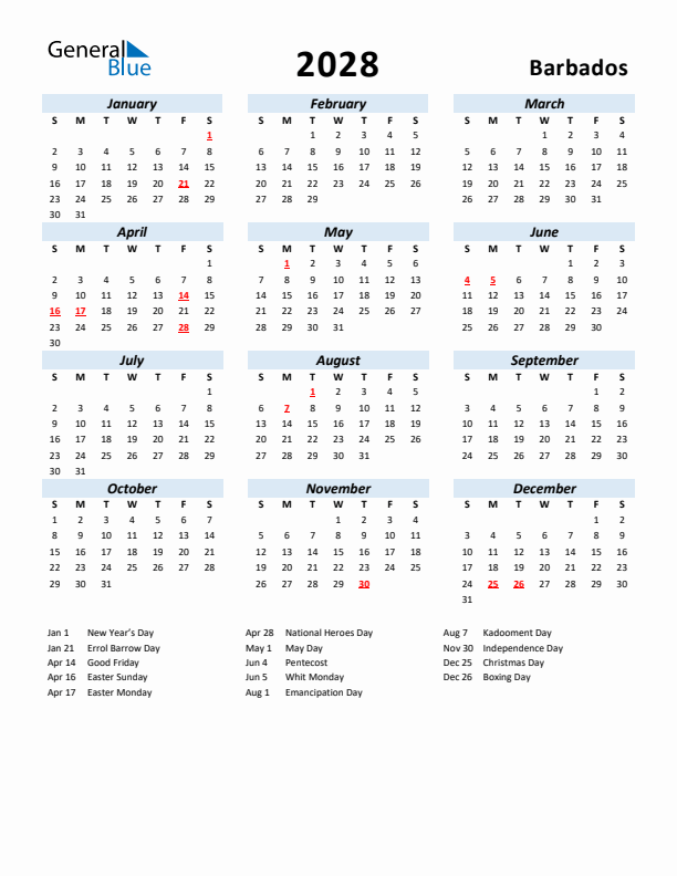 2028 Calendar for Barbados with Holidays