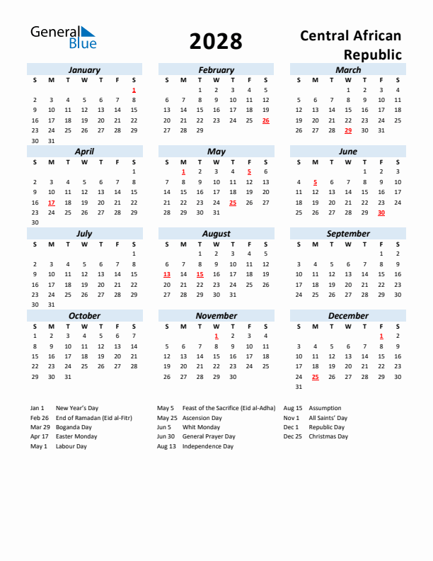 2028 Calendar for Central African Republic with Holidays