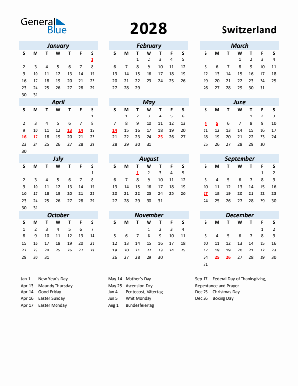 2028 Calendar for Switzerland with Holidays