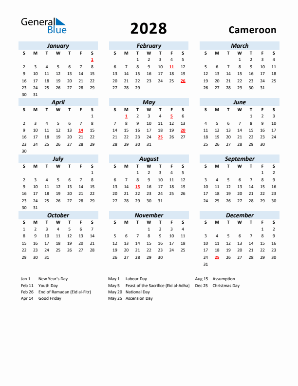 2028 Calendar for Cameroon with Holidays