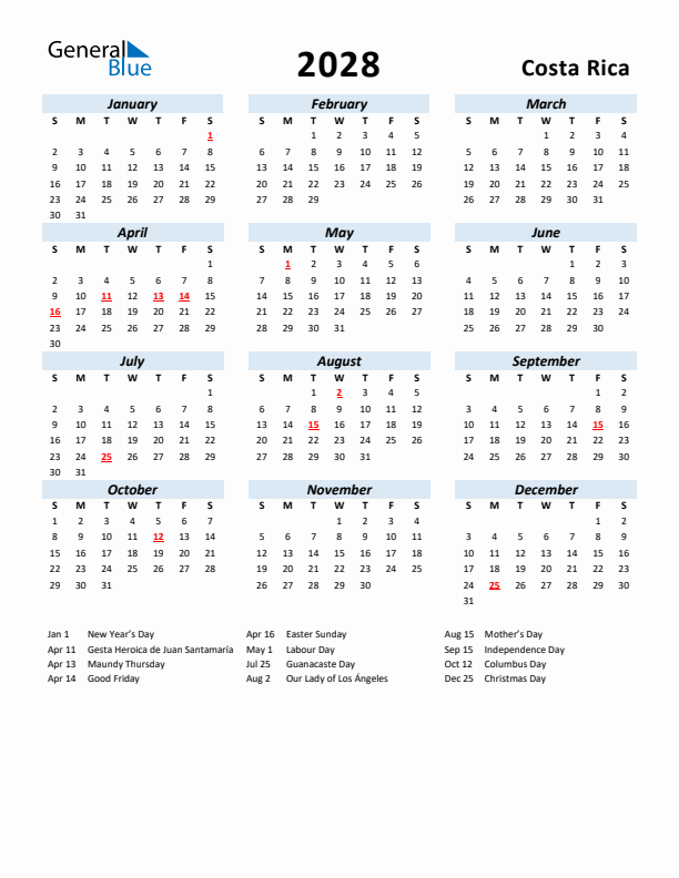 2028 Calendar for Costa Rica with Holidays