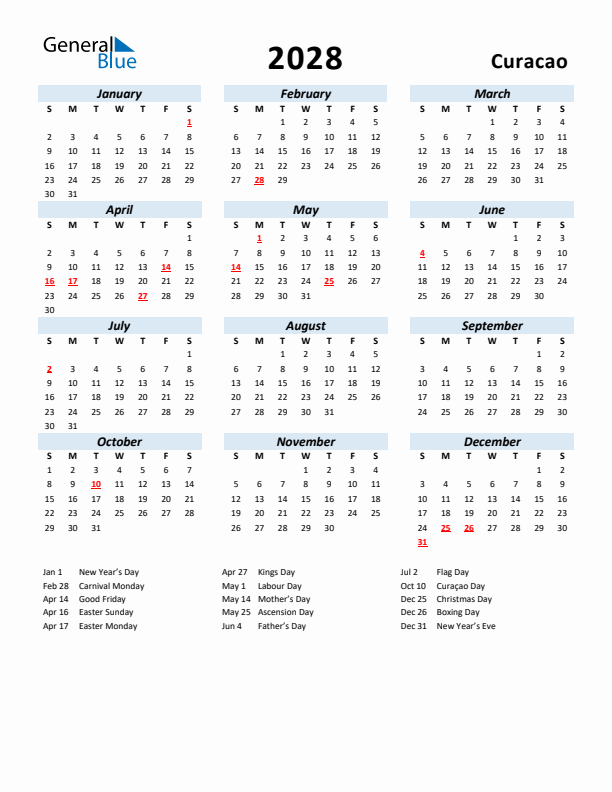 2028 Calendar for Curacao with Holidays