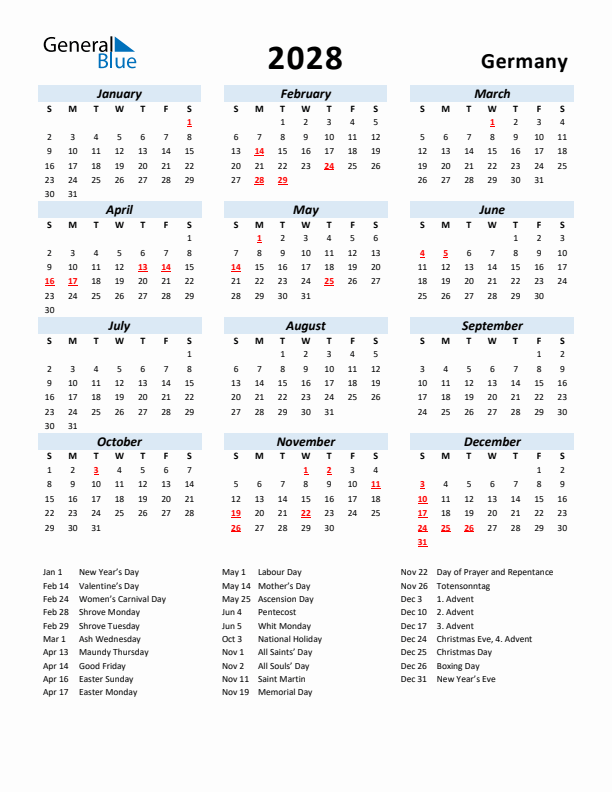 2028 Calendar for Germany with Holidays