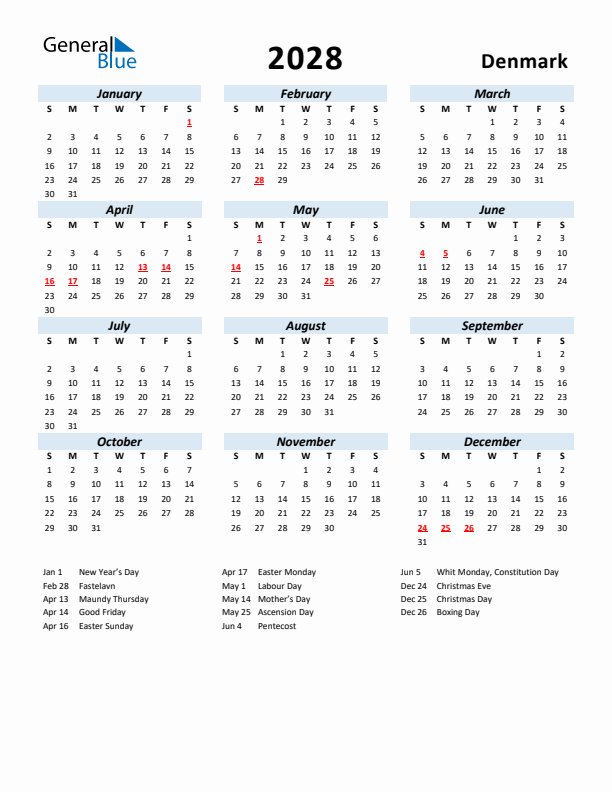 2028 Calendar for Denmark with Holidays