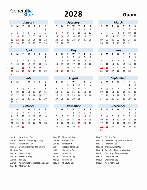 2028 Calendar for Guam with Holidays