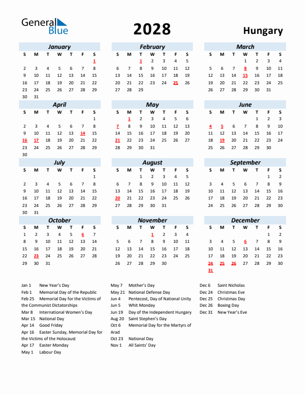 2028 Calendar for Hungary with Holidays