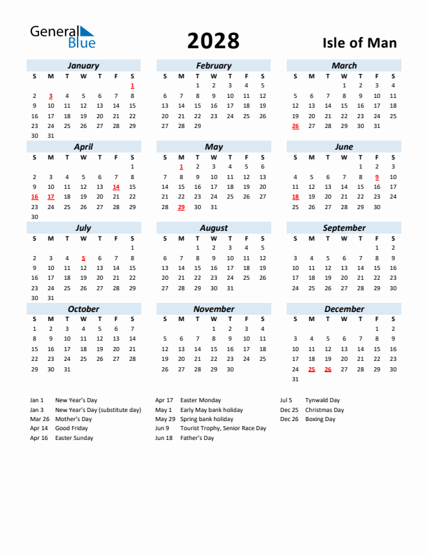 2028 Calendar for Isle of Man with Holidays