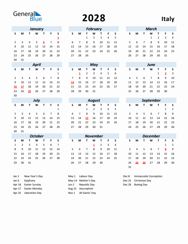 2028 Calendar for Italy with Holidays