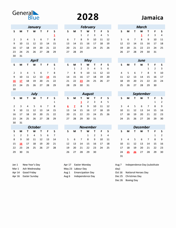 2028 Calendar for Jamaica with Holidays