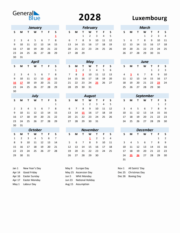 2028 Calendar for Luxembourg with Holidays