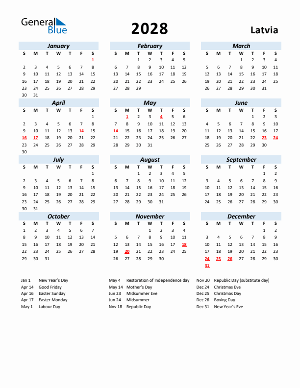 2028 Calendar for Latvia with Holidays