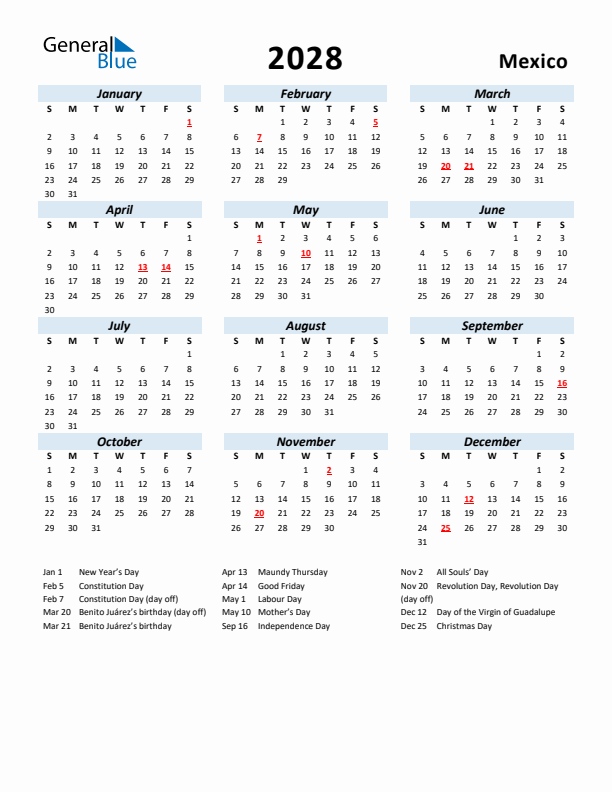 2028 Calendar for Mexico with Holidays