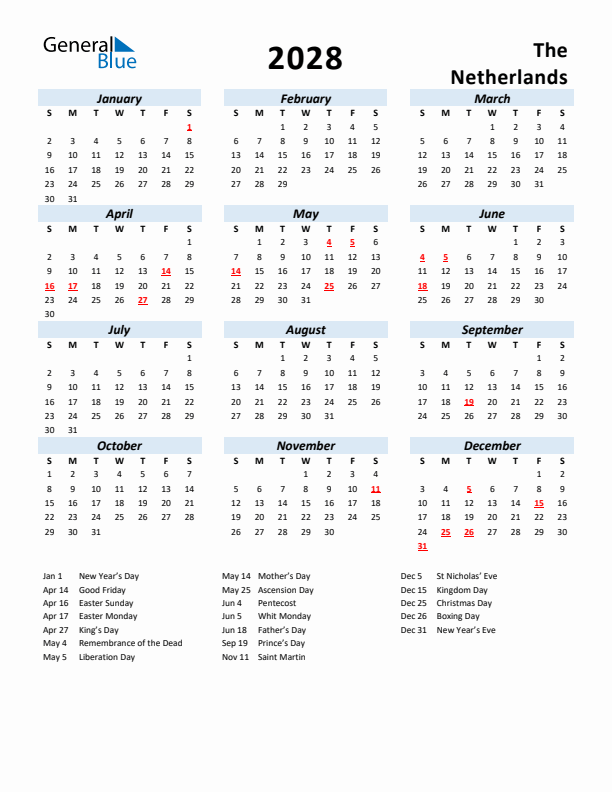 2028 Calendar for The Netherlands with Holidays