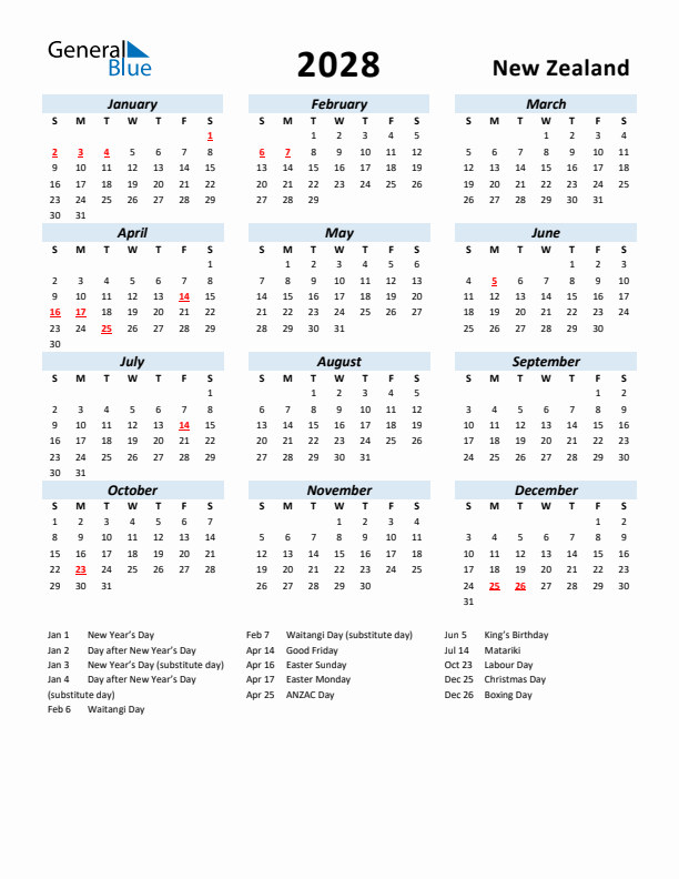 2028 Calendar for New Zealand with Holidays