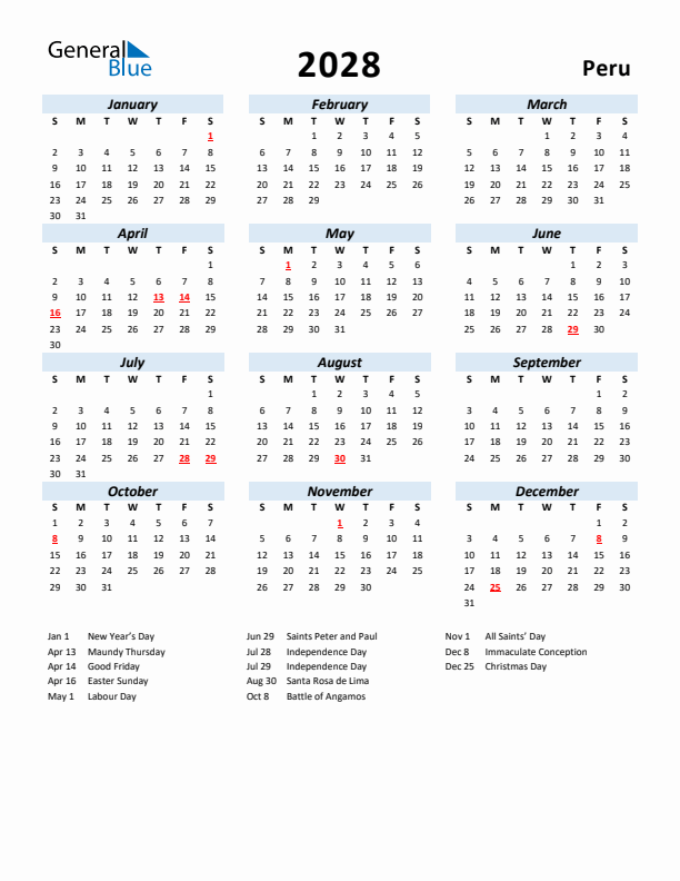 2028 Calendar for Peru with Holidays