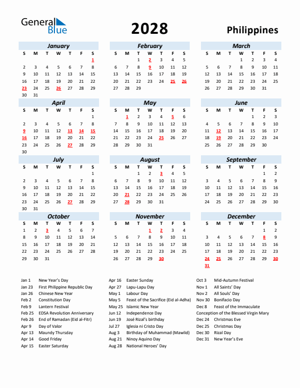 2028 Calendar for Philippines with Holidays