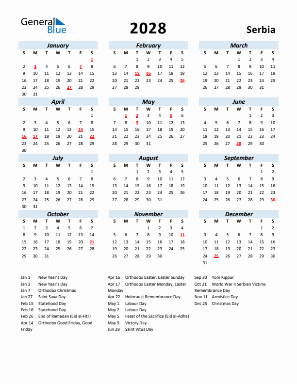 2028 Calendar for Serbia with Holidays