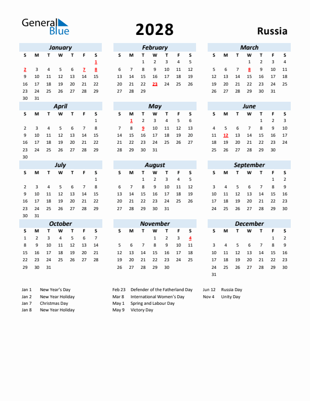 2028 Calendar for Russia with Holidays