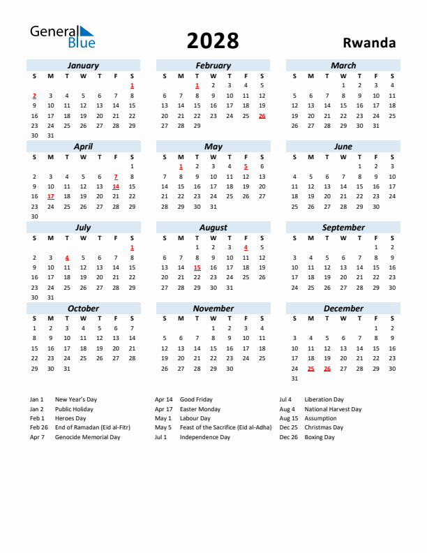 2028 Calendar for Rwanda with Holidays