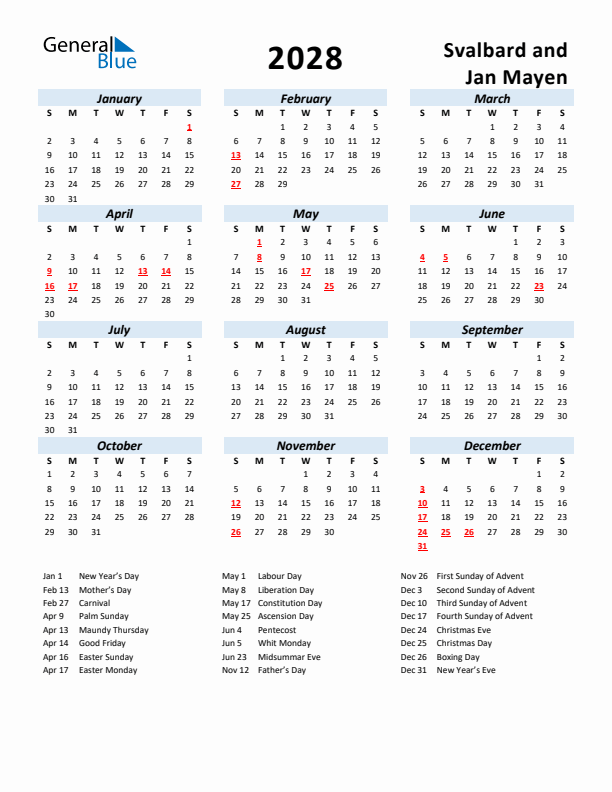 2028 Calendar for Svalbard and Jan Mayen with Holidays