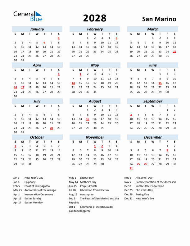 2028 Calendar for San Marino with Holidays