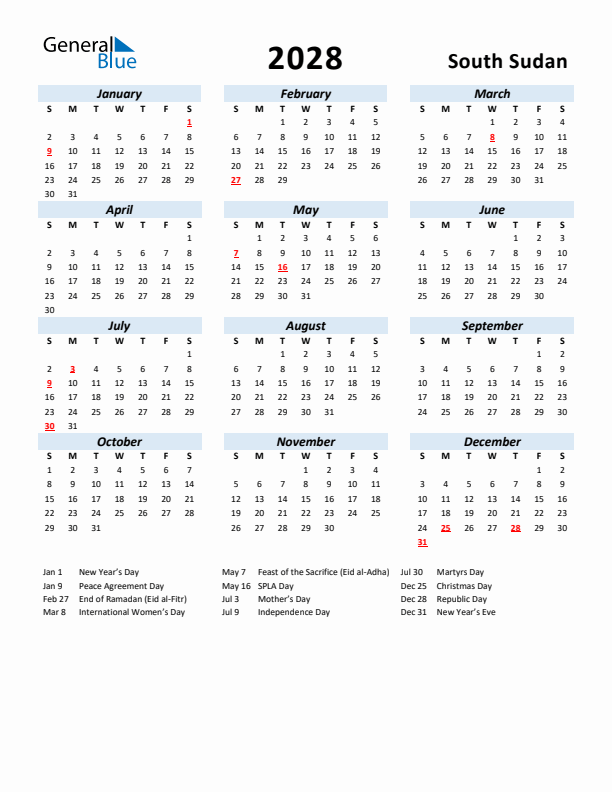 2028 Calendar for South Sudan with Holidays