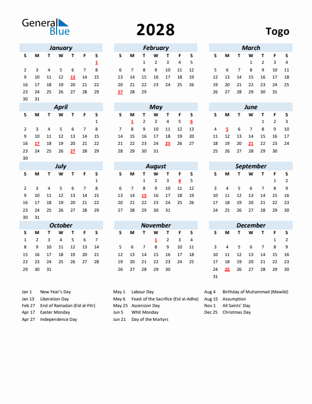 2028 Calendar for Togo with Holidays