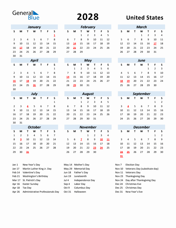 2028 Calendar for United States with Holidays